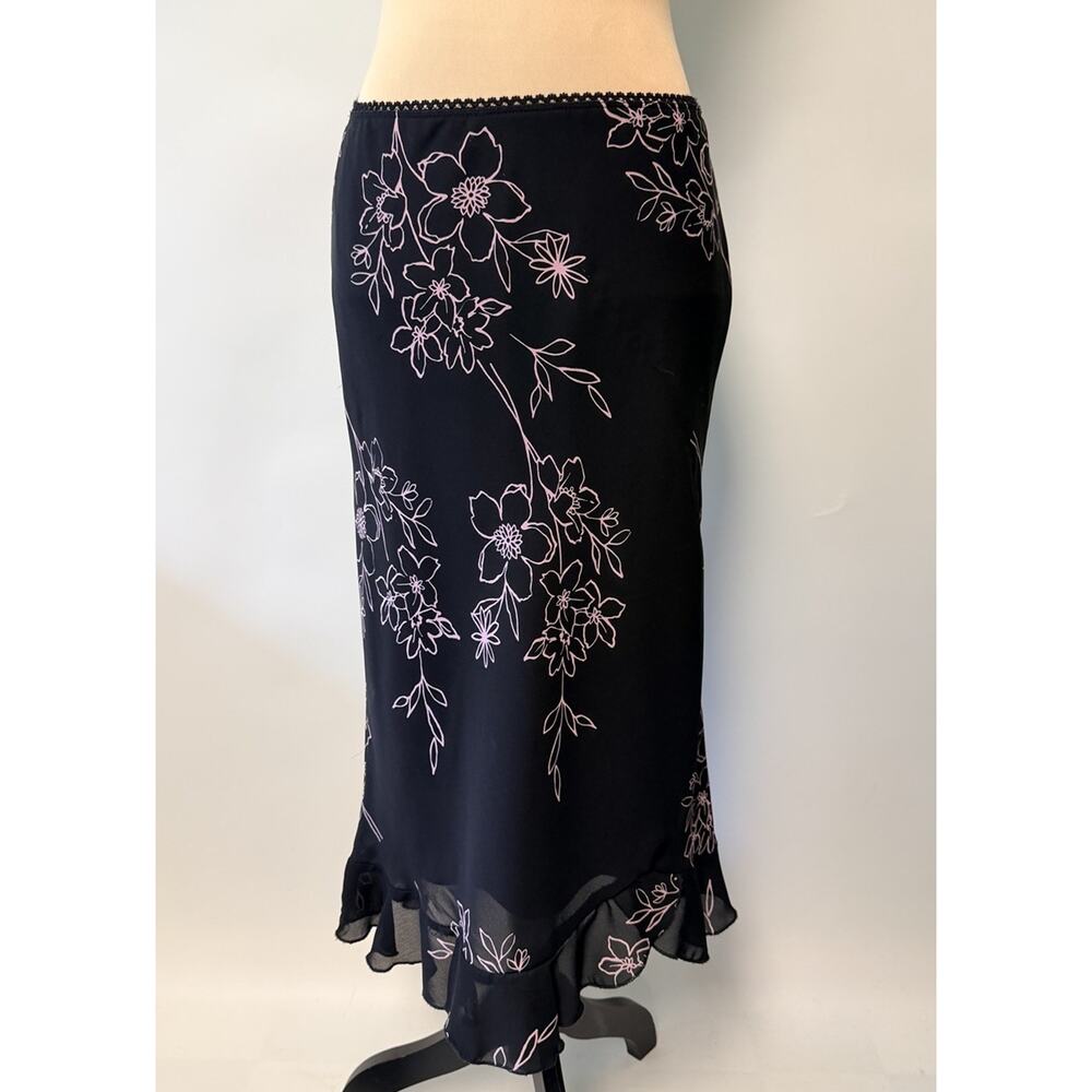 VTG Dressbarn Midi Skirt Women Sz 4 Black Pink Sheer Lined Floral Whimsigoth Y2K